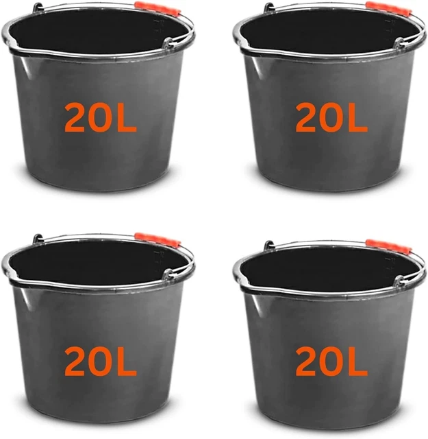 SET OF 4 Large 20L Black Plastic Buckets with Handles Heavy Duty - Home ...