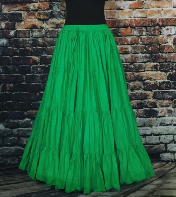 Indiano Verde Fronzoli Gonna Cotone Allegra Solido Lunga Festa Spiaggia Wear UK