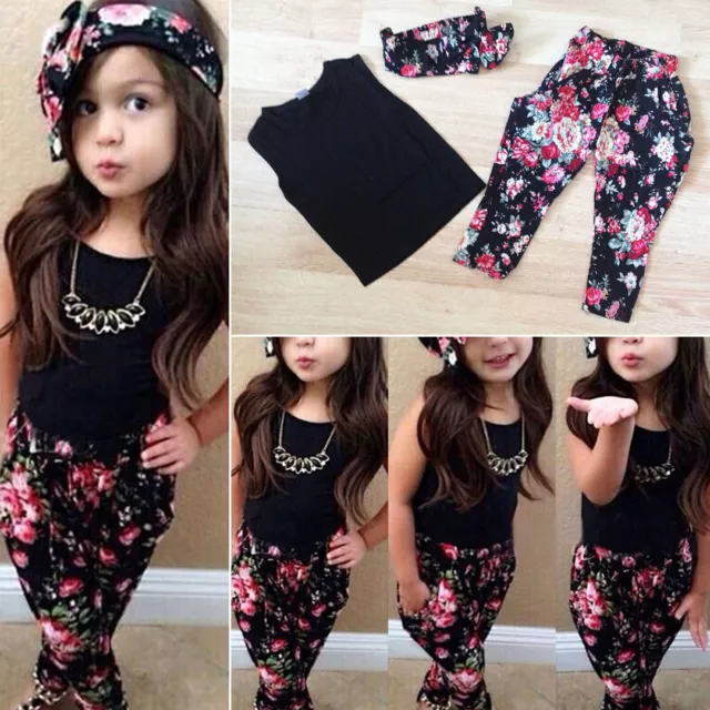 Kid Girls Outfits Headband t-Shirt Top Floral Pants Summer Clothes 3pcs /Set