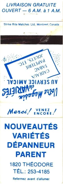 Quebec Canada Parent Convenience Store News Varieties Vintage Matchbook Cover