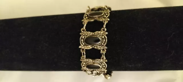 Beautiful Antique Designer SilverTone Bracelet With Faux Jet In Stunning Links