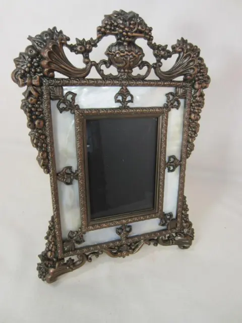 *Copper Tone Picture Frame Ornate Metal, Mother Pearl , Easel Bk 2 1/2 x 3 1/2