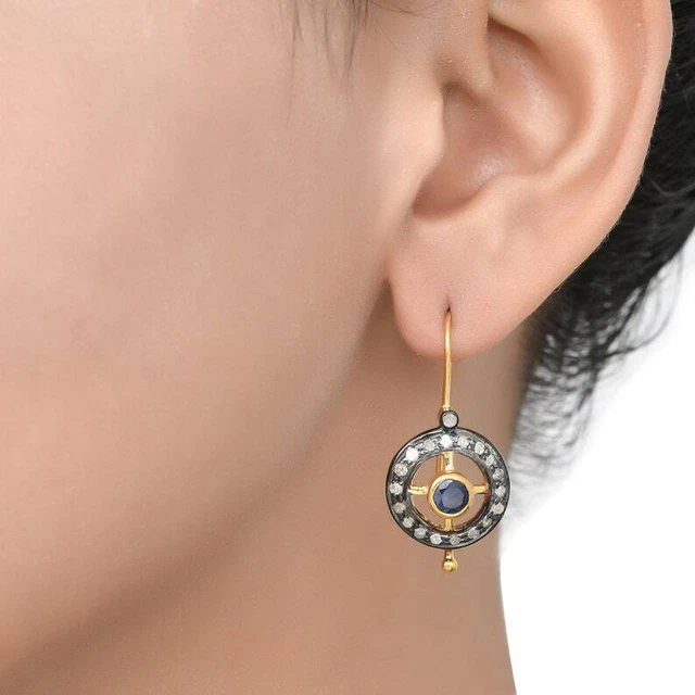 925 Sterling Silver-Sapphire Gold Plated Dangle Pave Diamond Earrings HG