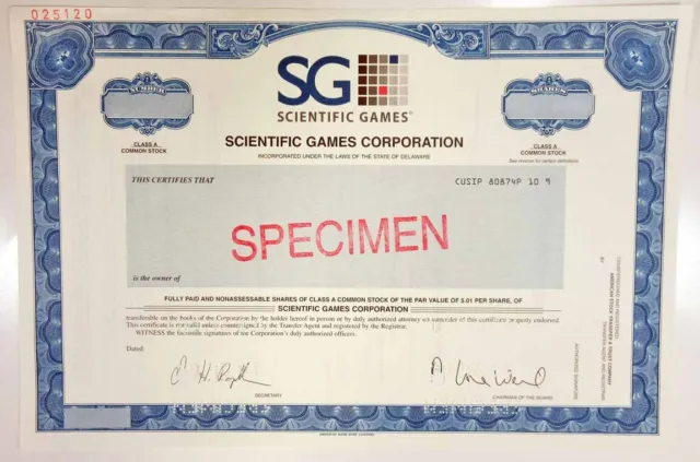 Scientific Games Corp., 2006 Odd Shrs Class A Specimen Stock Certificate, XF