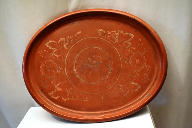 Antique Red Burmese Lacquered Tray Plate Floral Parrot Oval Shape Decorative "08