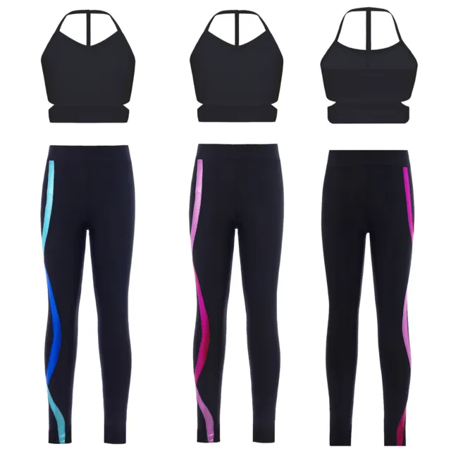 Girls Yoga Gym Workout Outfit Sports Crop Tops with Running Pants Athletic Suit