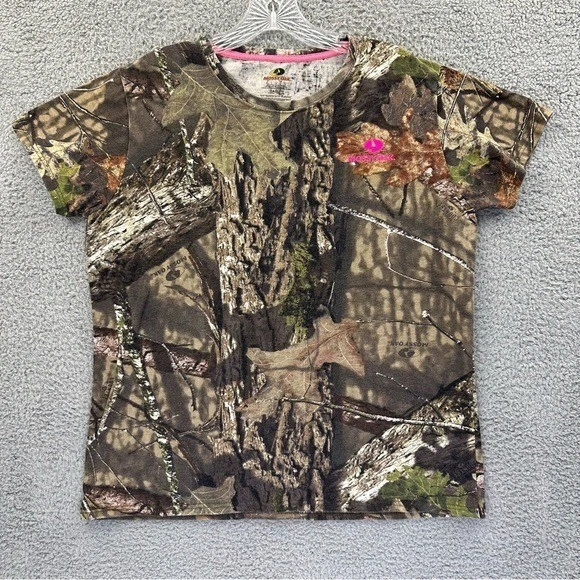 Mossy Oak Short Sleeve Real Tree Camo T Shirt Pink Logo Women's Size Large