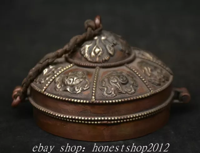 3.6" Old Chinese Bronze Buddhism Temple 8 Auspicious Symbol Small Bell Box Set