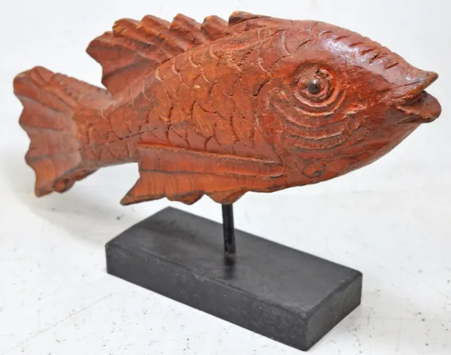 Antik Holz Fisch Figur auf Ständer Original Alt Fein Handgeschnitzt