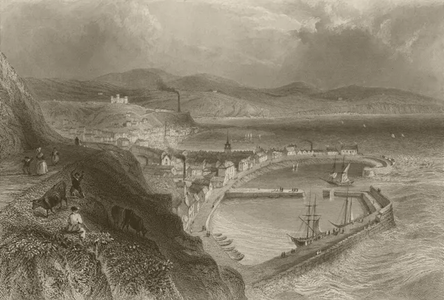 Stonehaven, with the town and harbour. Scotland. BARTLETT 1842 old print