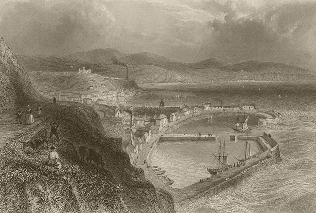 Stonehaven, with the town and harbour. Scotland. BARTLETT 1842 old print
