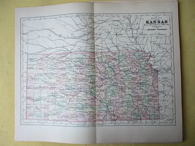 Vintage Map,KANSAS,Johnson's Cyclopeida,c1880
