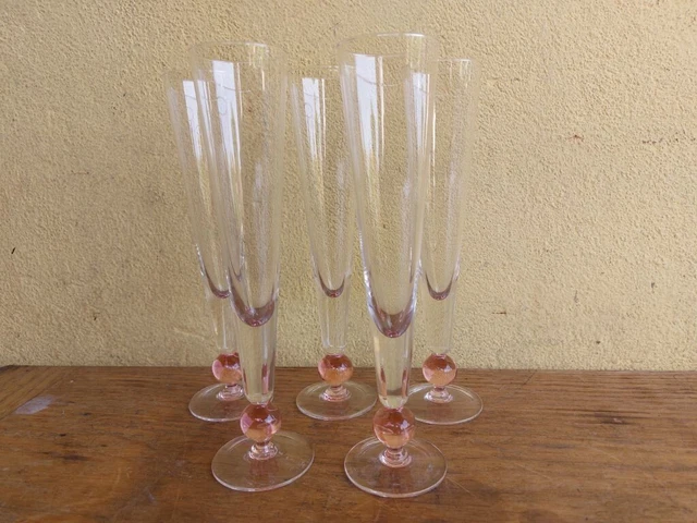 Servizio 5 Bicchieri In Vetro Soffiato Trasparente E Rosa Flute Spumante Champag
