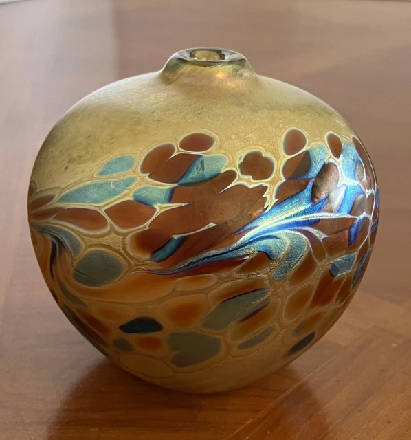 MAYTUM STUDIO HAND Blown Art Glass Iridescent Aurene Vase/Oil Spot Lamp