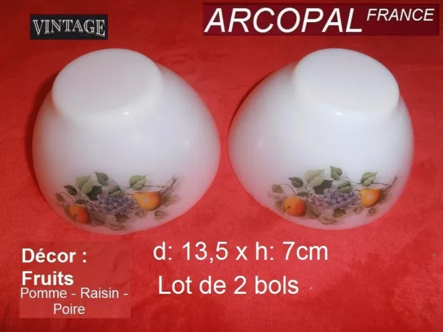 ARCOPAL  FRANCE - Vintage   -  Lot de 2 BOLS - Décor Fruits Pomme Raisin Poire