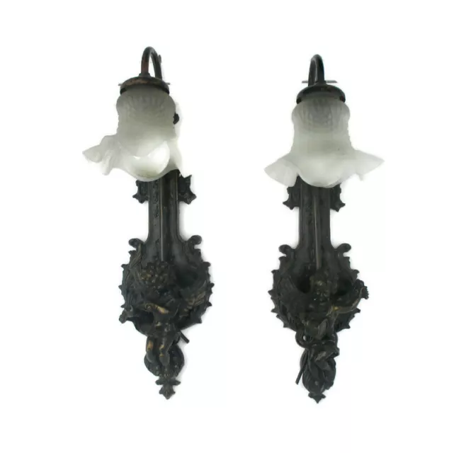 Pair Gorgeous Wall Sconces Putti Cherub Angels Rococo Resin Glass Shades  HTF