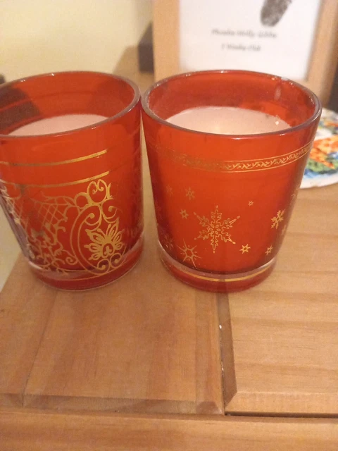Nuevos y sin usar para velas en soportes de vidrio con patrones rojos y dorados