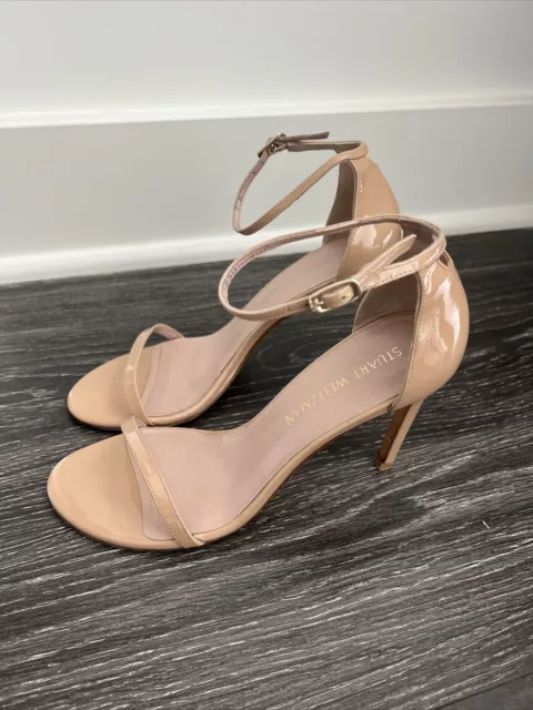 STUART WEITZMAN Nudistsong Patent Leather Ankle Strap Sandal Nude Heel Sz 9