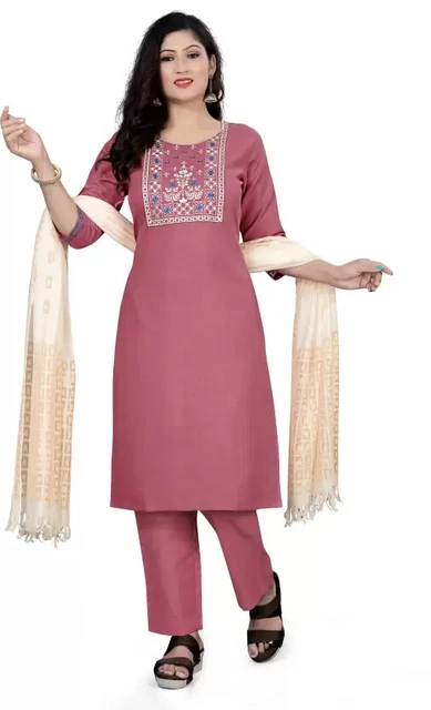 Indian Women's Beautiful Kurti Pant Set Cotton Blend Salwar Kameez &Dupatta Set