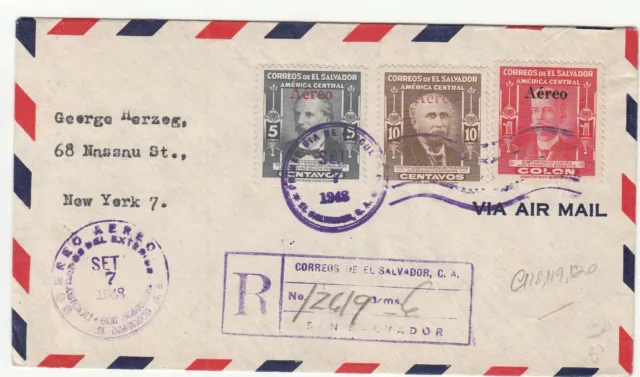El Salvador: Registered Airmail Cover: San Salvador to New York, 7-9 Sep 1948