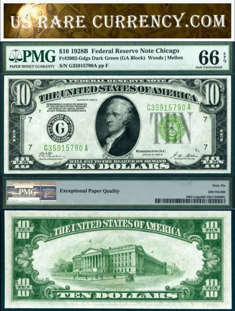 1928B $10 Federal Reserve Note FR-2002G Dark Green Chicago Illinois PMG GEM66EPQ