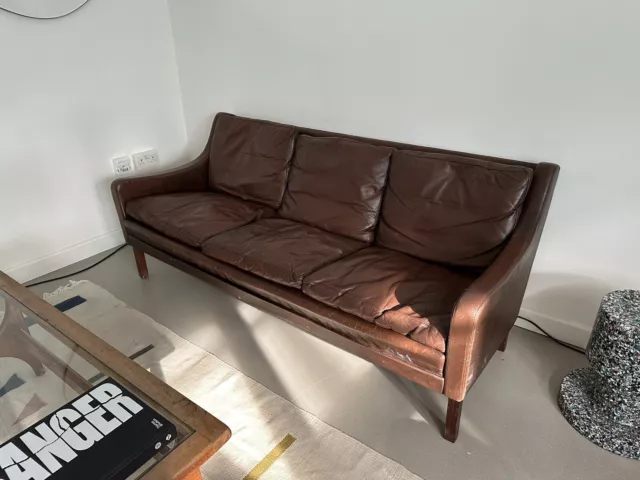 Danish Mid-Century Style Brown genuine Leather 3 Seater Sofa