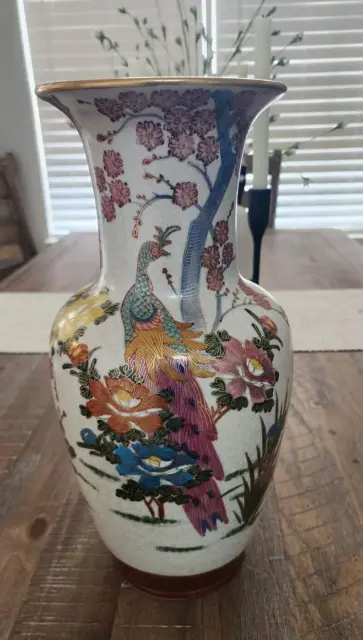 Large Japanese Satsuma Kutani  Peacock Floral  Pottery Vase