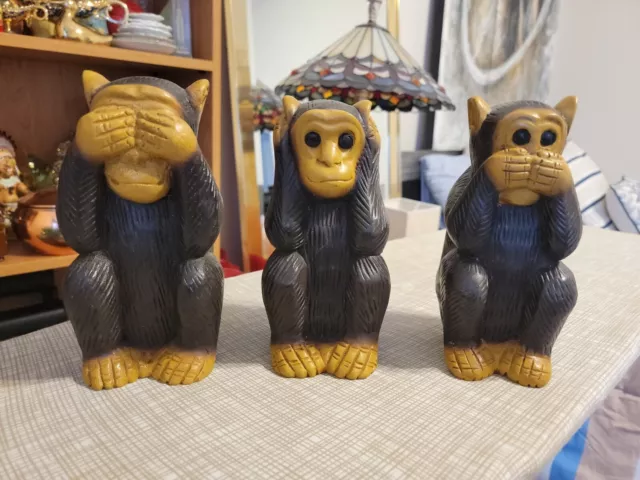 Set of 3 Tommy Bahama Wood Sculpted 8" See, Hear & Speak No Evil Monkeys
