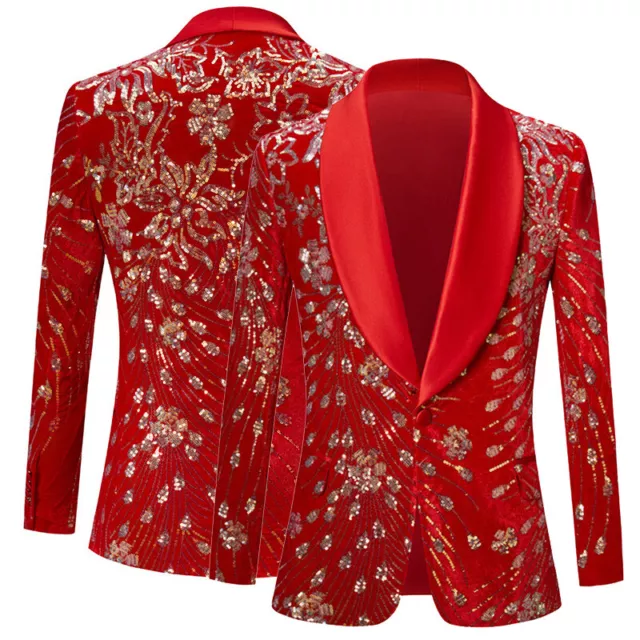 MEN'S SEQUINS TUXEDO Jacket Shiny Glitter Floral Dress Suit Blazer Coat ...