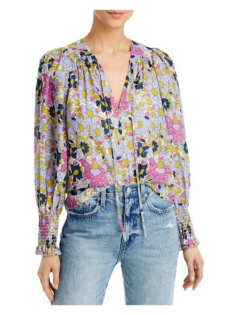 REBECCA TAYLOR Womens Purple Tie Smocked Lined Printed Long Sleeve V Neck Top XS