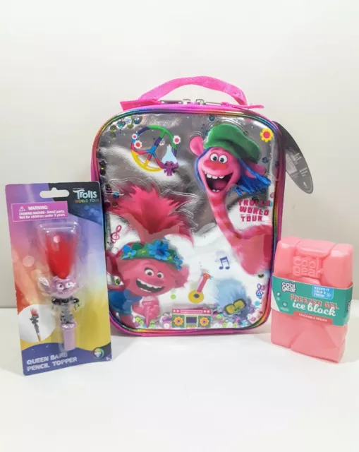 Trolls 3 Piece Insulated School Lunch Box Cooler Freeze Gel Block Pencil Topper