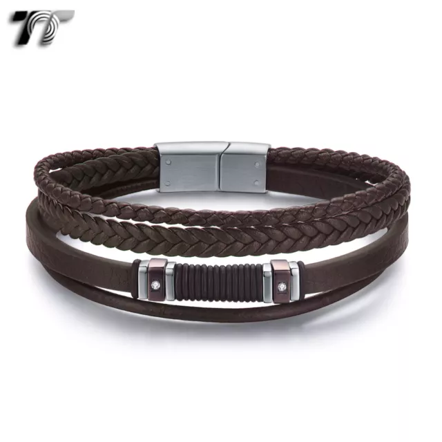 TT Multi Stripe Leather Stainless Steel Magnet Buckle Bracelet (BR323) NEW