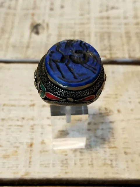 superbe grosse bague de sceau intaille Argent Et Lapis Afghanistan