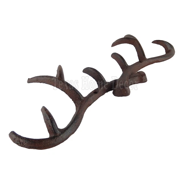 Deer Antler Coat Rack Key Hooks Hat Towel Cast Iron Wall Mount Cabin Lodge Brown 2