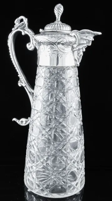 V.FINE c1880 VICTORIAN MASK FIGURAL SILVER PLATE CUT GLASS WINE EWER CLARET JUG