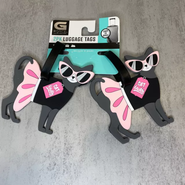 G Force CAT LADY Luggage Tags ID Black Cat Pink PVC Travel Airplane Suitcase Bag