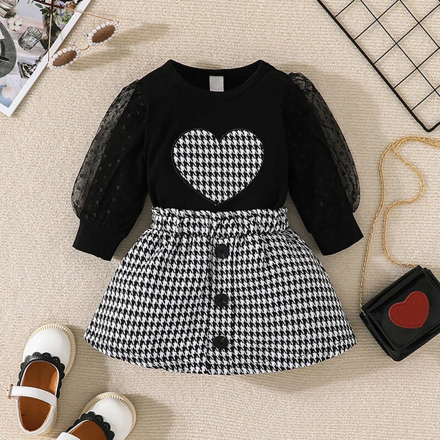 Camicia a maniche lunghe arricciate bambina + set minigonna a quadri