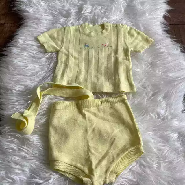 VTG 70s Brand? Boys 18 Mos 2 Piece Yellow Knit Outfit Sweater Shorts Suspenders