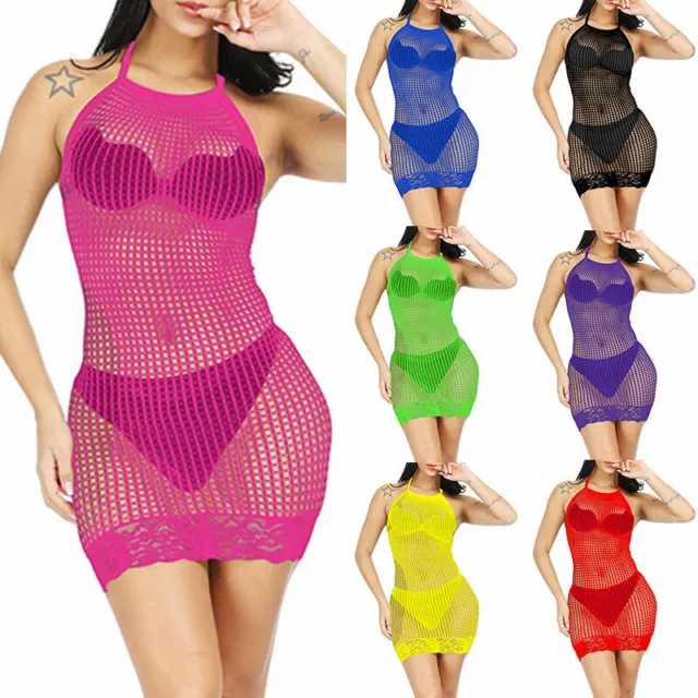 Damen Sexy Dessous Mesh Fishnet Bodycon Body Stocking Minikleid H A