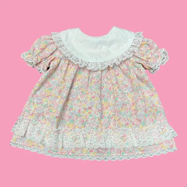 Vintage Baby Girl Floral And Lace Easter/Spring Short Sleeve Dress Size 18 M