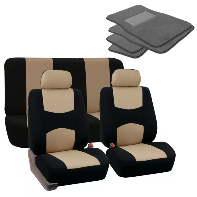 Voiture Siège Housse Sol Tapis Complet Set pour 2 Appuie-Tête Beige Gris