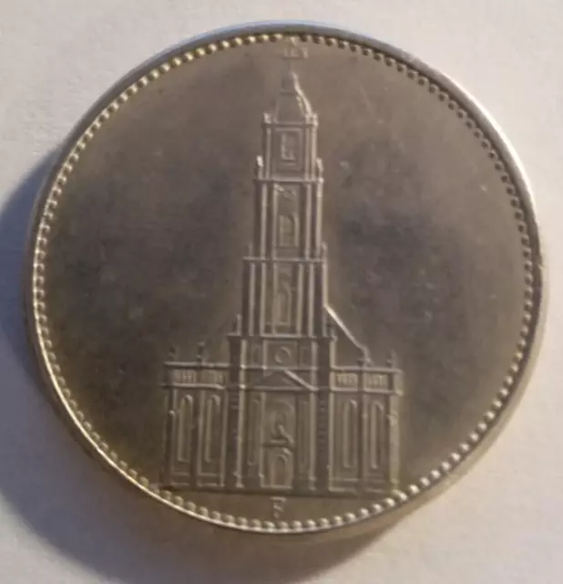 1934-F GERMAN Third Reich 5 Mark Reichsmark Potsdam Garrison Church SILVER  #10P