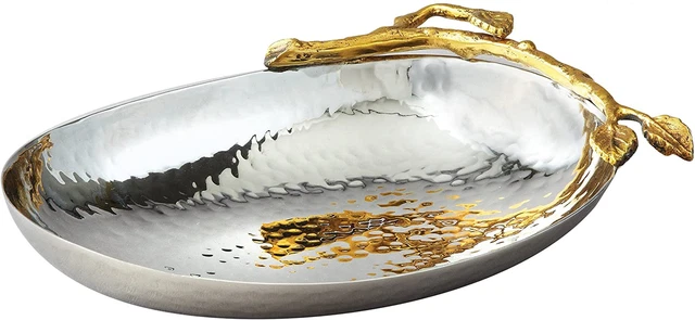 Elegance Golden Vine Hammered Stainless Steel Nut Bowl/Dish, Silver/Gold, 6.25"