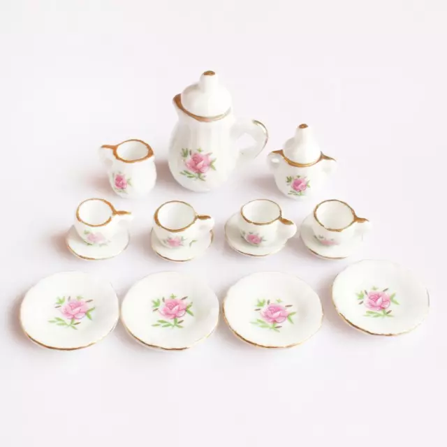 1:12th Pink Rose Dining Ware China Ceramic Tea Set Dollhouse Miniatures