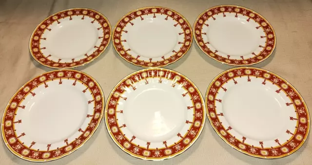 6 Lomonosov Imperial Porcelain 7.25" Dessert Plates Red Tan Daisies Gold Russia