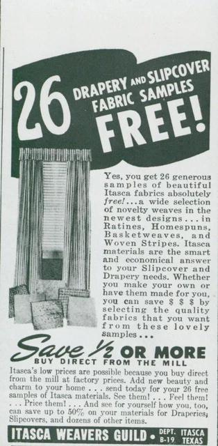 1948 Itasca Weavers Guild Fabric Drapery Slipcover Samples Vintage Print Ad AH1