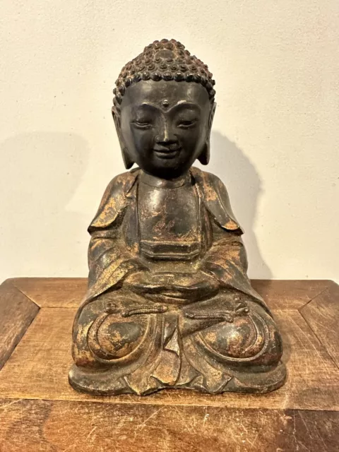 Chinese Bronze Seated Buddha Gilt Remnants God Figure Statue