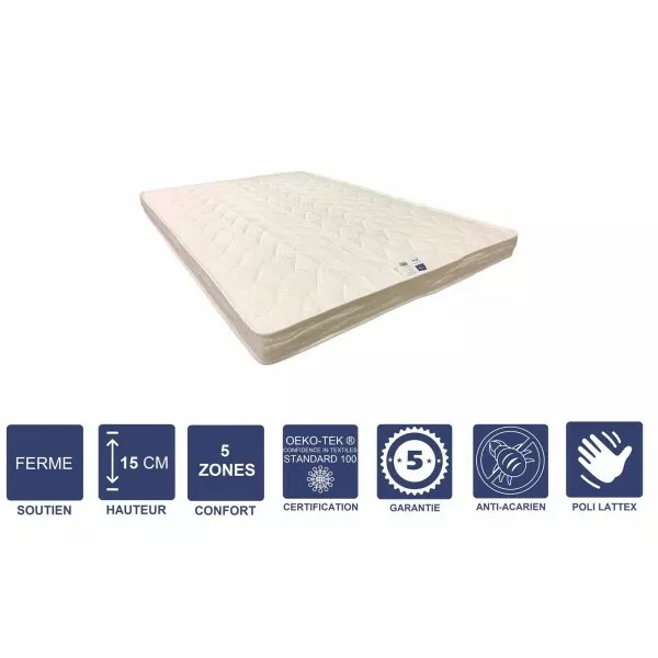 Matelas Ferme avec Latex Naturel + 2 Alèses - 15 cm + 2 Oreillers Visco - 5 zone