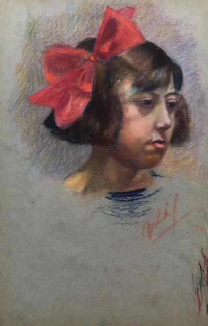 Young Girl With a Red Ribbon, Old Pastel Drawing, Signed, Early 20th Century