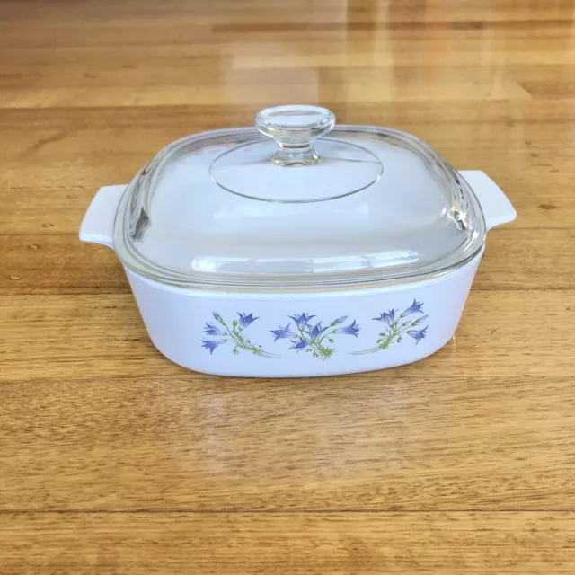 Corningware Vintage ‘Blue Dusk’ Bluebell Pattern 2L Casserole Dish W/ Pyrex Lid